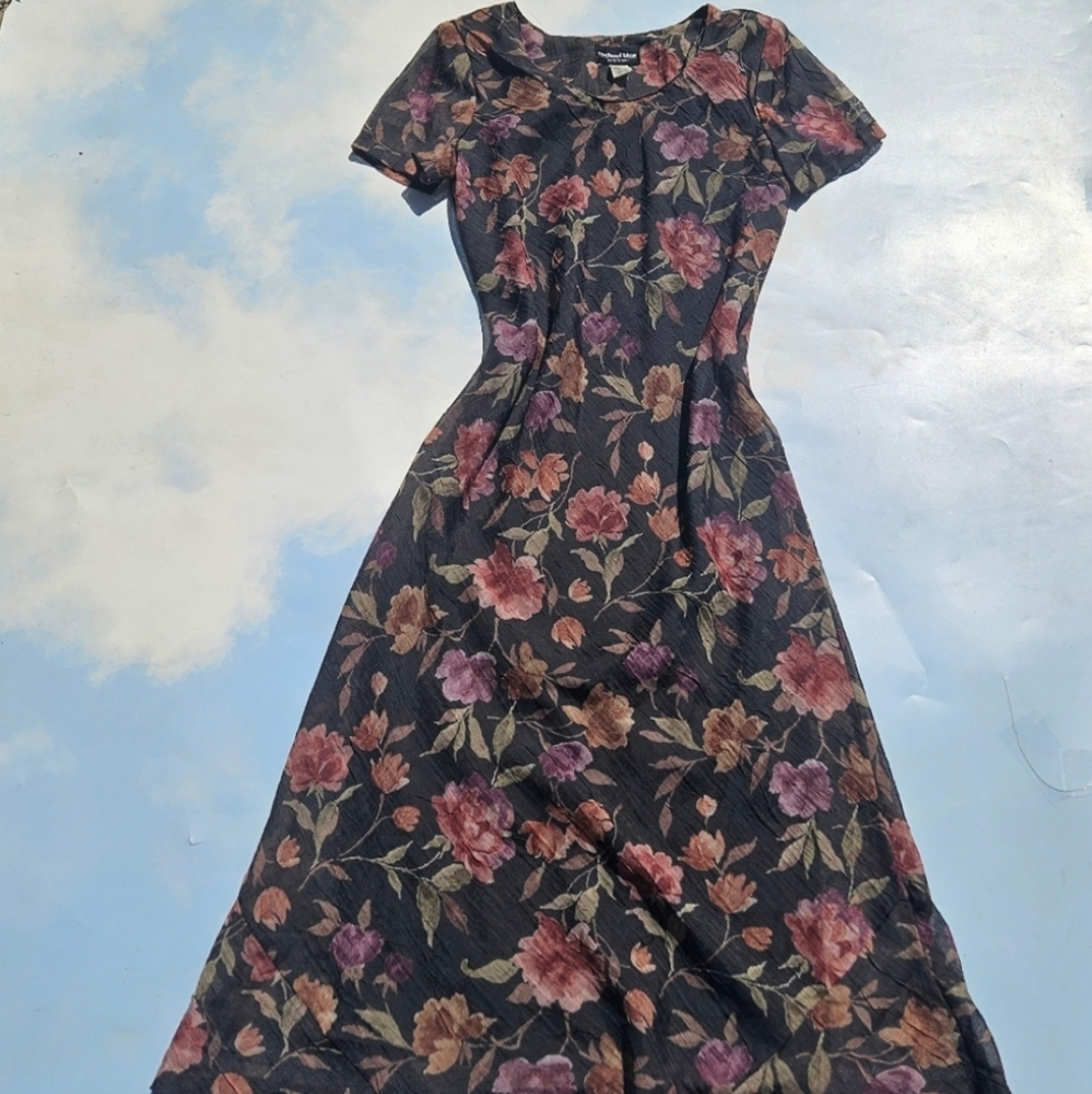 Vintage 80s Floral Chiffon Maxi Dress Short Sleeve 80s Flowy Dress Floral Dress